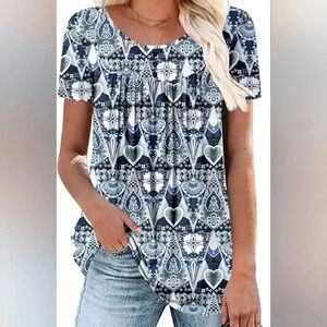 NWOT BETTE BOUTIK Women's Tunic Tops Flowy Flare Shirts Short Sleeve M Blue